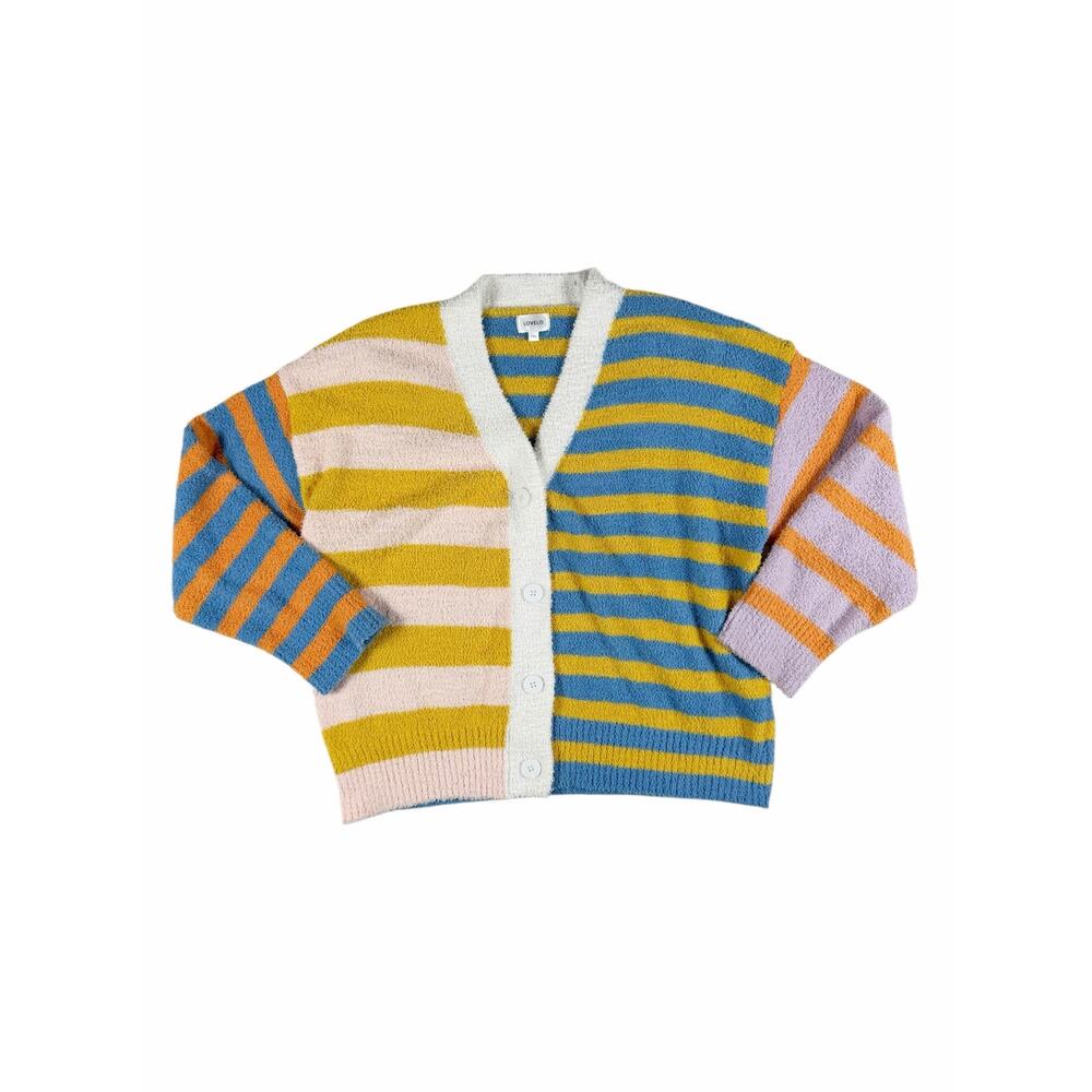Lovelo Colorblock Striped Fuzzy Cardigan Sweater XL Pastel Blue Pink Yellow - Picture 3 of 10